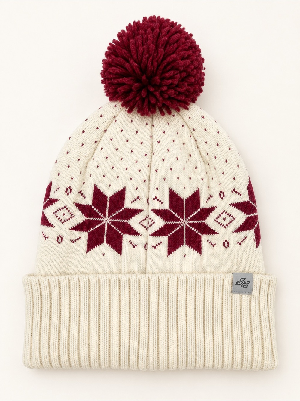Eddie Bauer Lola Peak Pom Beanie OS Ivory Burgundy Fair Isle Winter Hat NWT